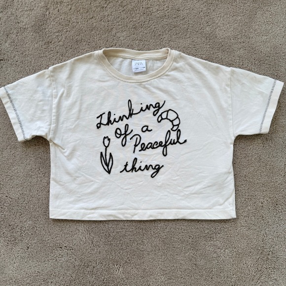 Zara Other - Zara Graphic T-Shirt Kids 8-9 Cream Good Peaceful Thing Embroidered Croissant